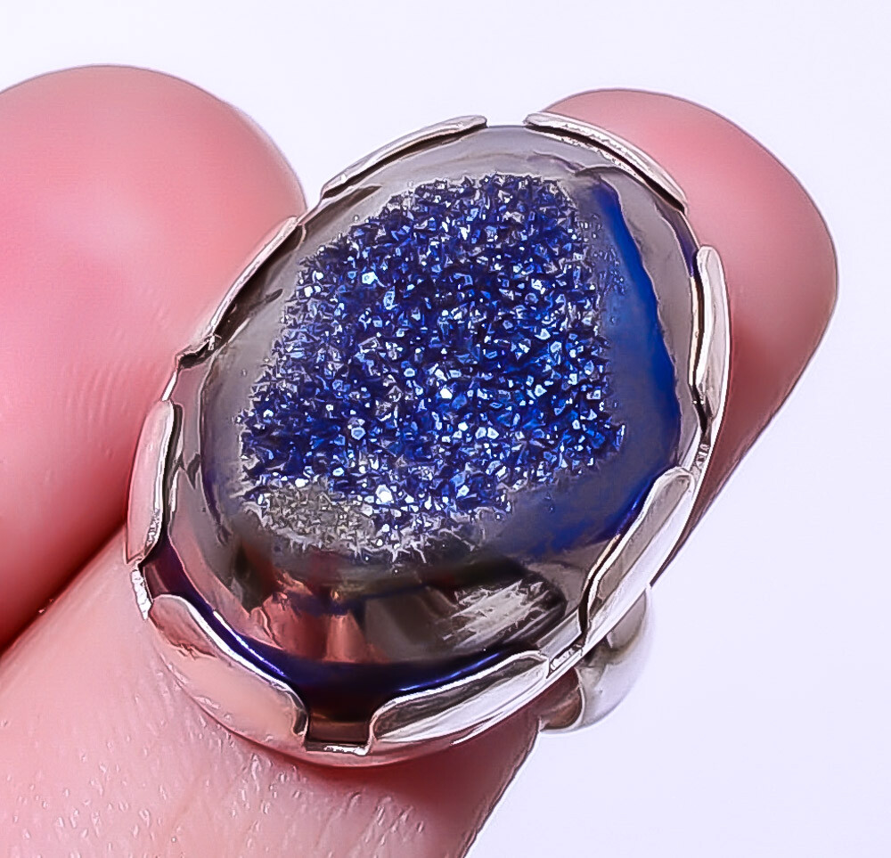 Titanium Blue Agate Drusy Designer Gemstone 925 Sterling Silver Ring Adst. (R41)