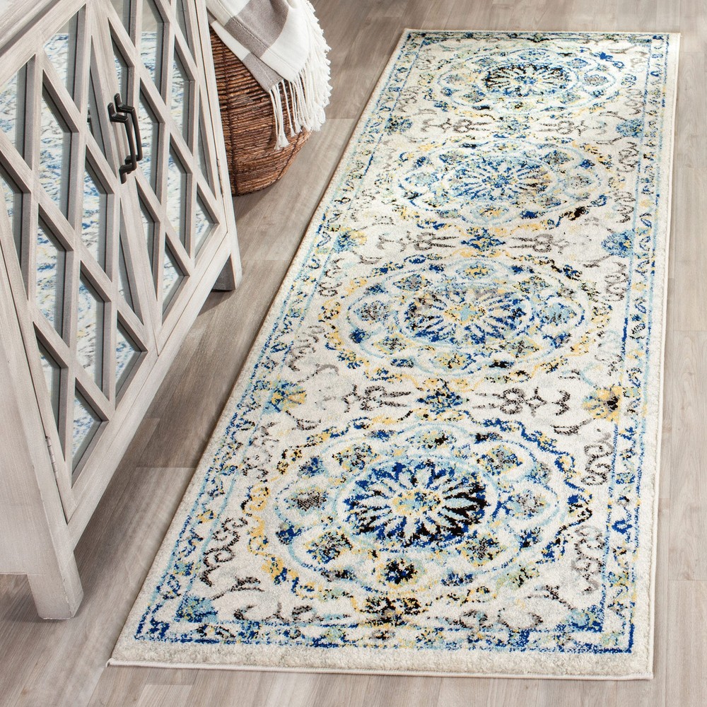 Evoke Collection 2.2x7 Ivory Blue EVK252C Boho Non-Shed Living Room Rug