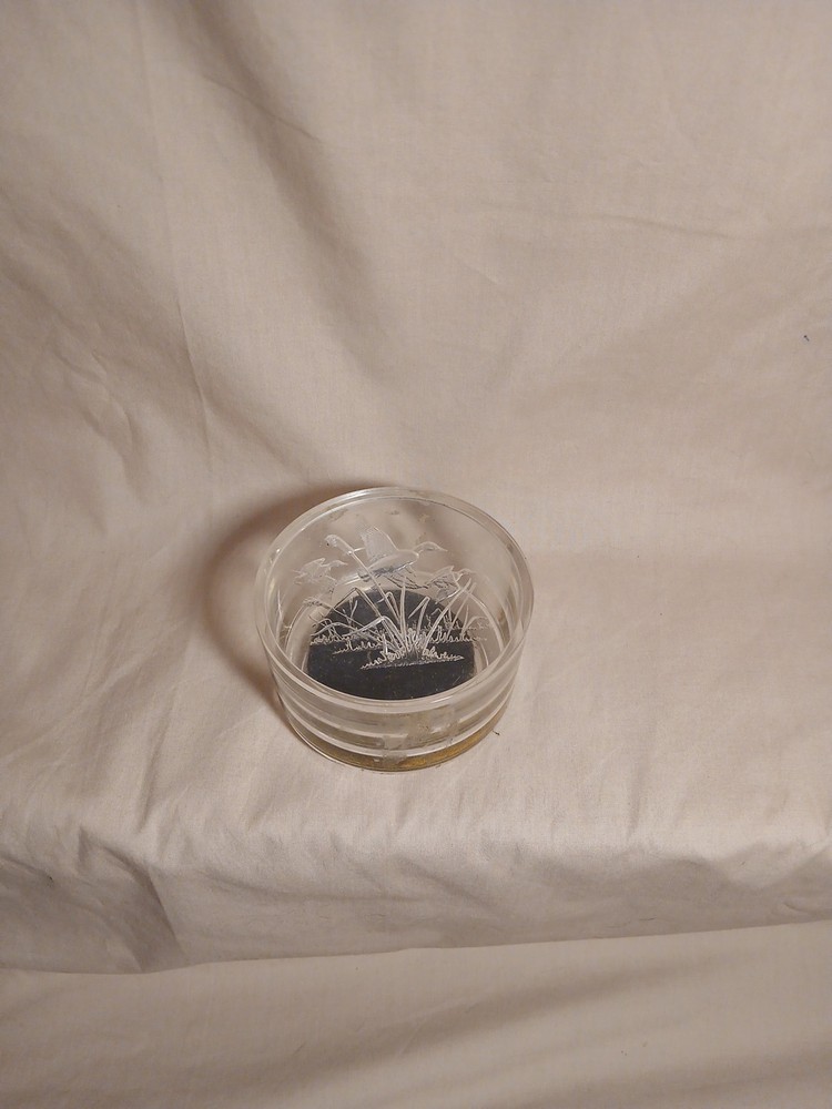 Vintage Clear Acrylic Lucite Lidded Trinket Box Etched Ducks