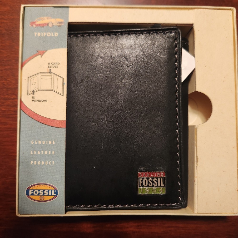 Vintage mens fossil leather trifold wallet (New - original box 1954)