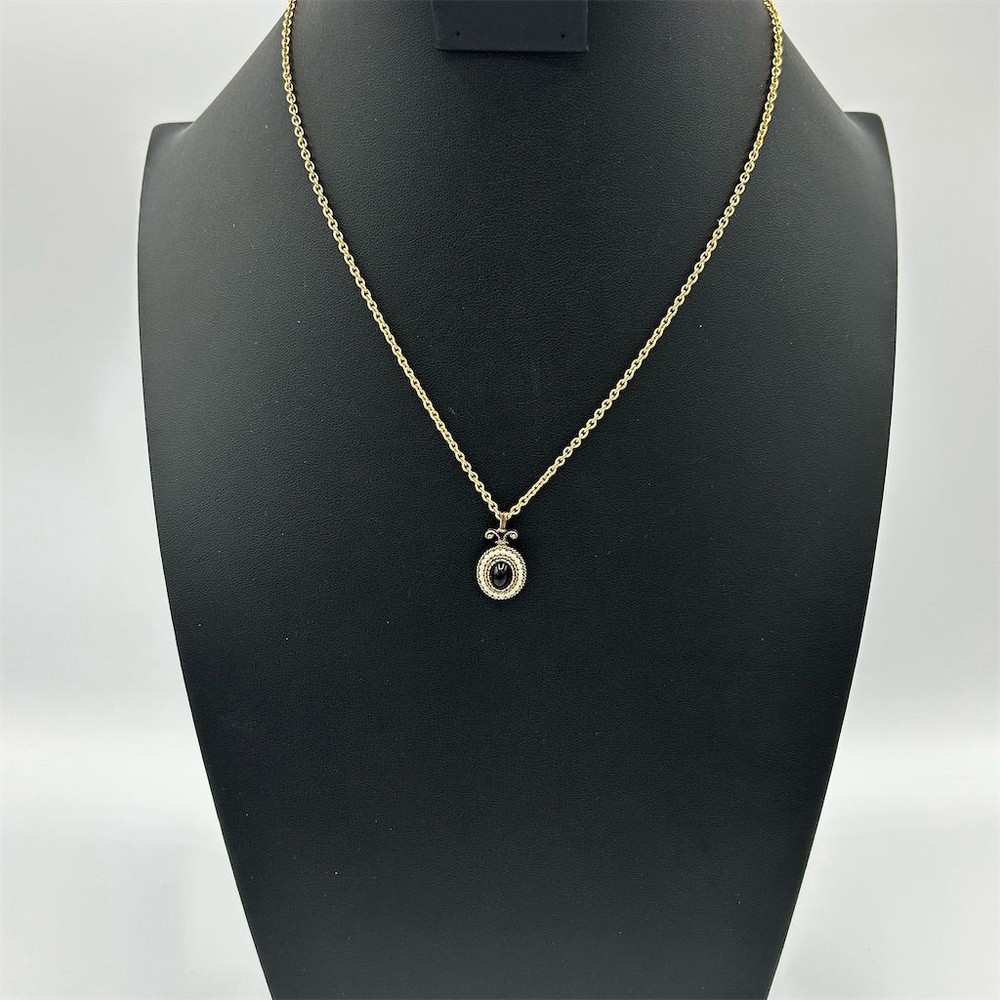 Avon Gold Tone Onyx Cabochon Pendant Necklace with Pearlesque Bead Accents