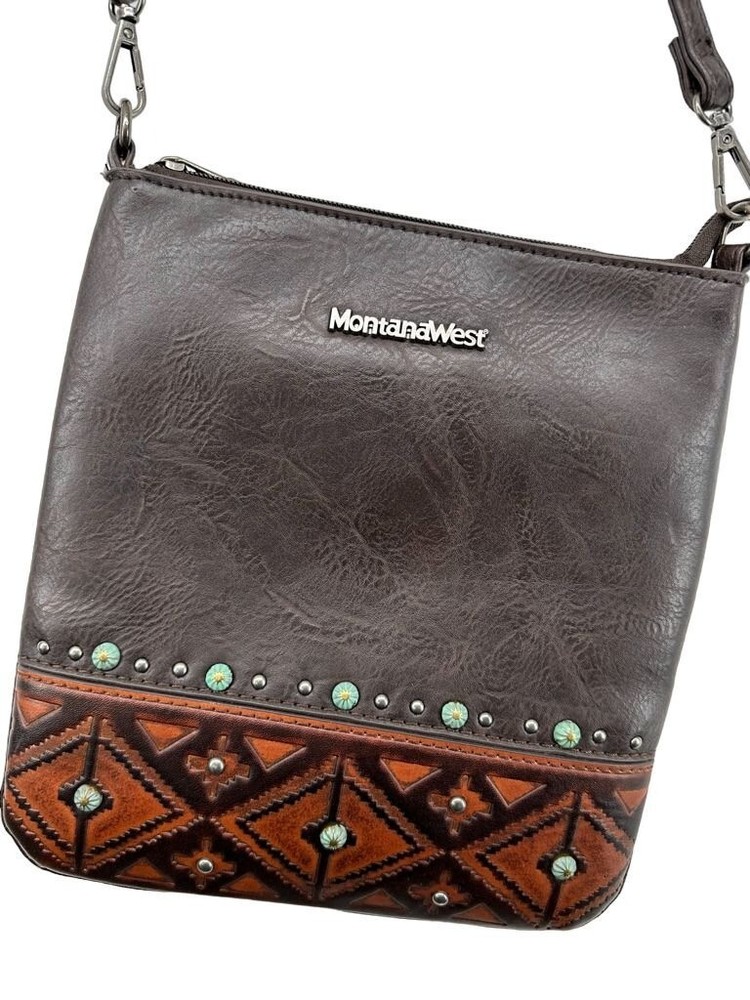 Montana West Brown Faux Leather Boho Crossbody Purse with Stud Details