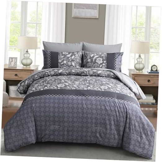 Comforter Set 7 Pieces Bed in a Bag Floral Geometric Patchwork Soft Queen Blue
