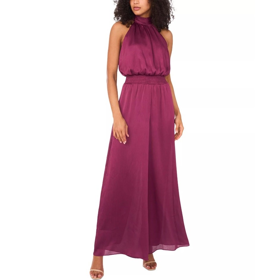 Vince Camuto Women Crinkle Smocked Wide Leg Halter Tie-Back Jumpsuit Size M