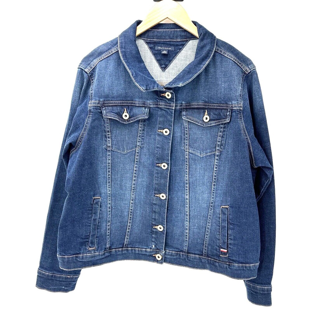 Tommy Hilfiger Jacket Womens XL Blue Jean Stretch Denim Button Up Classic