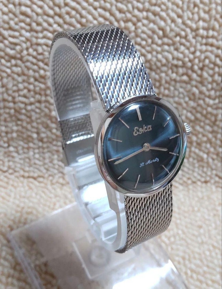 Eska St.Moritz Ladies Watch Manual Blue Dial Silver Tested from Japan
