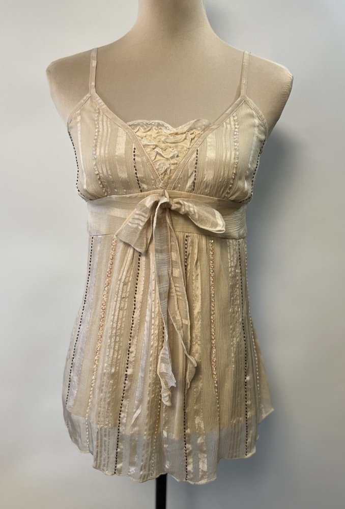 Y2K BEADED 100% SILK FAIRY LACE WHIMSIGOTH BABYDOLL CAMI SMALL BOW BOHO CREAM