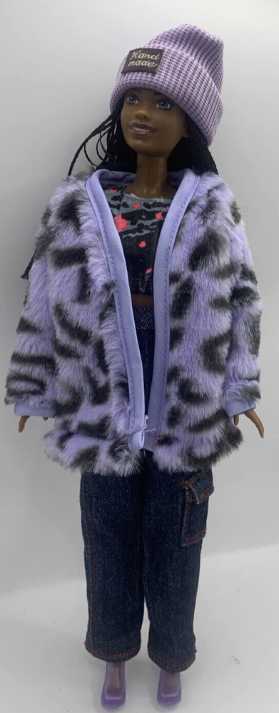 Stylish Modern Fashion African American Barbie Doll with Fur Coat Hat & Shoes  