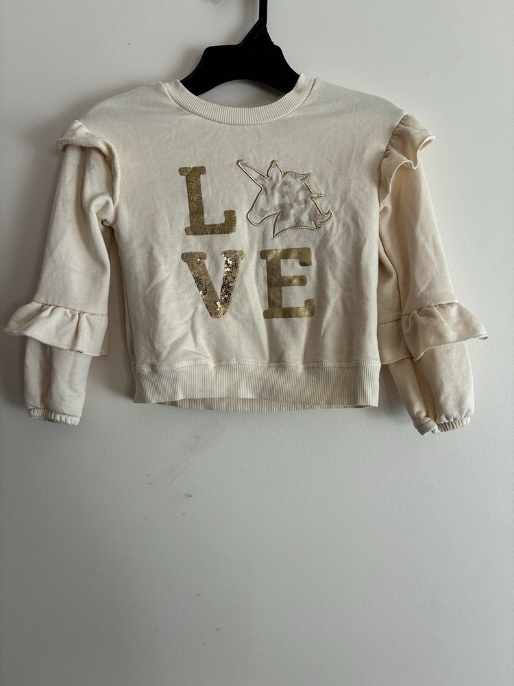 btween Kid Girls Glitter Sequin Unicorn Love Ruffle Cozy Long Sleeve Top Cream 4