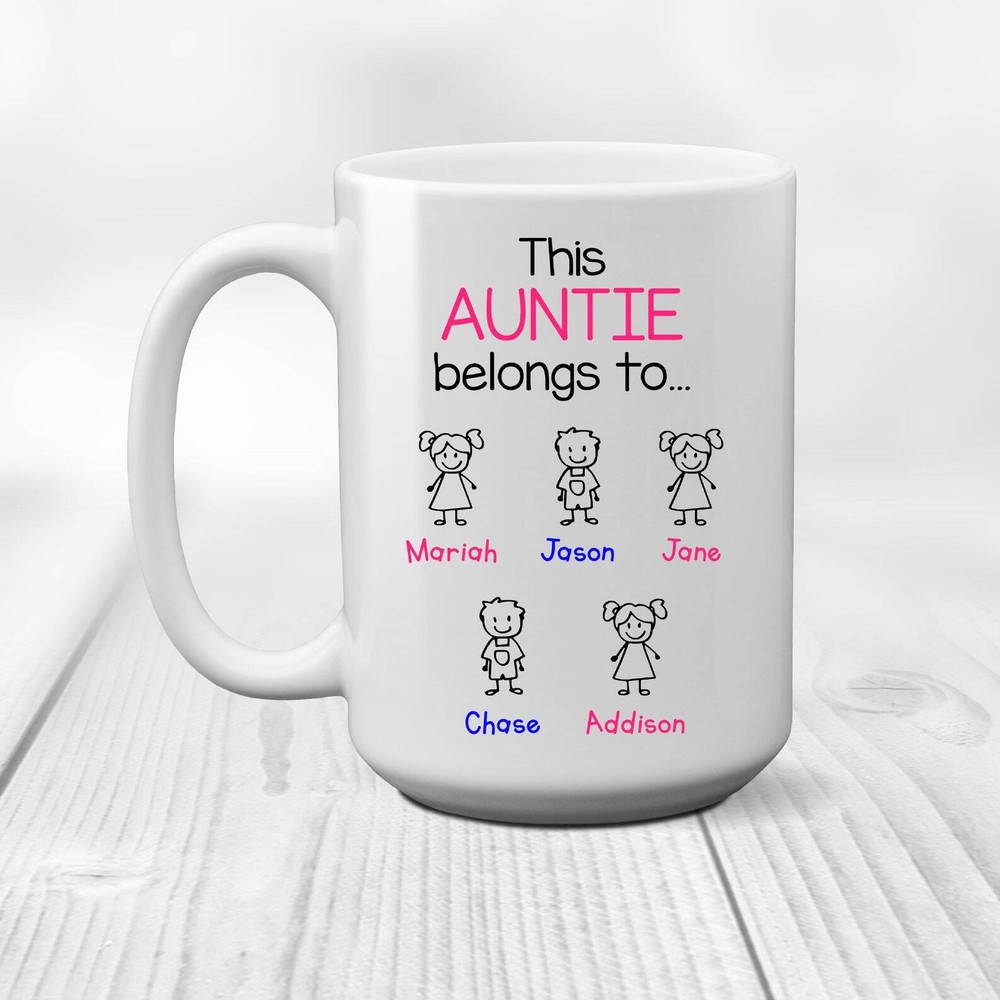 Auntie Belongs To Coffee Mug Custom Names Gift For Aunt Stick Figures Niece And