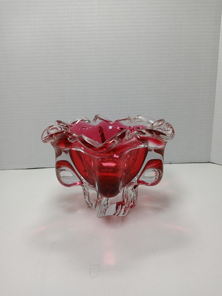 Pink Cranberry Art Glass Crystal Footed Elegant Bowl