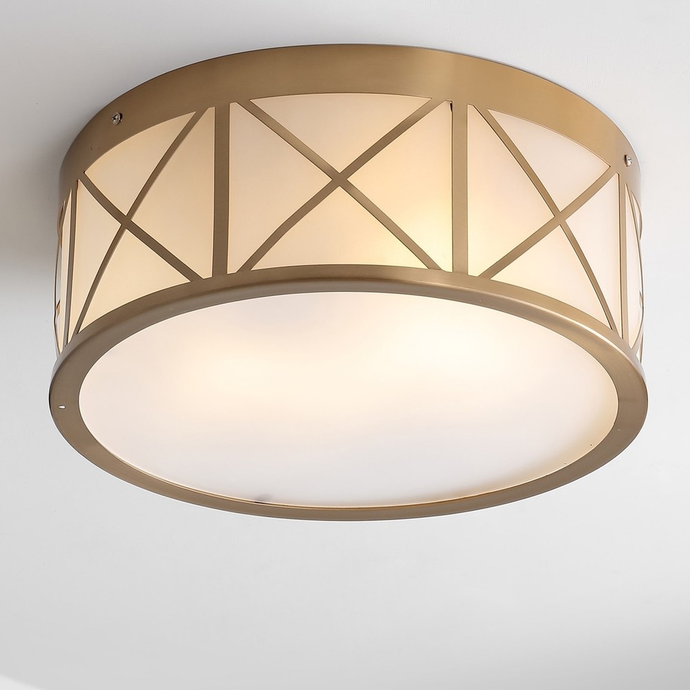 Pagoda 13-Inch Brass Gold Drum Flush Mount with Metal and Glass Design