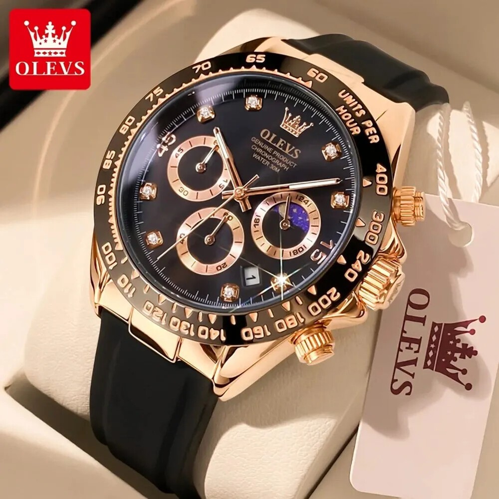OLEVS 2875 Men's Luxury Quartz Watch with Silicone Strap, Waterproof 24-Hour Moon Dial