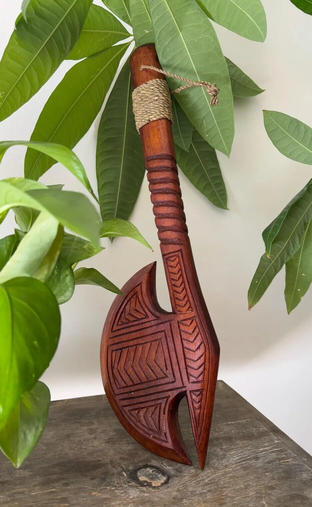 Hawaiian Engraved Hand Made Wall Decor Solid Wood Polynesian Tribal Axe Club