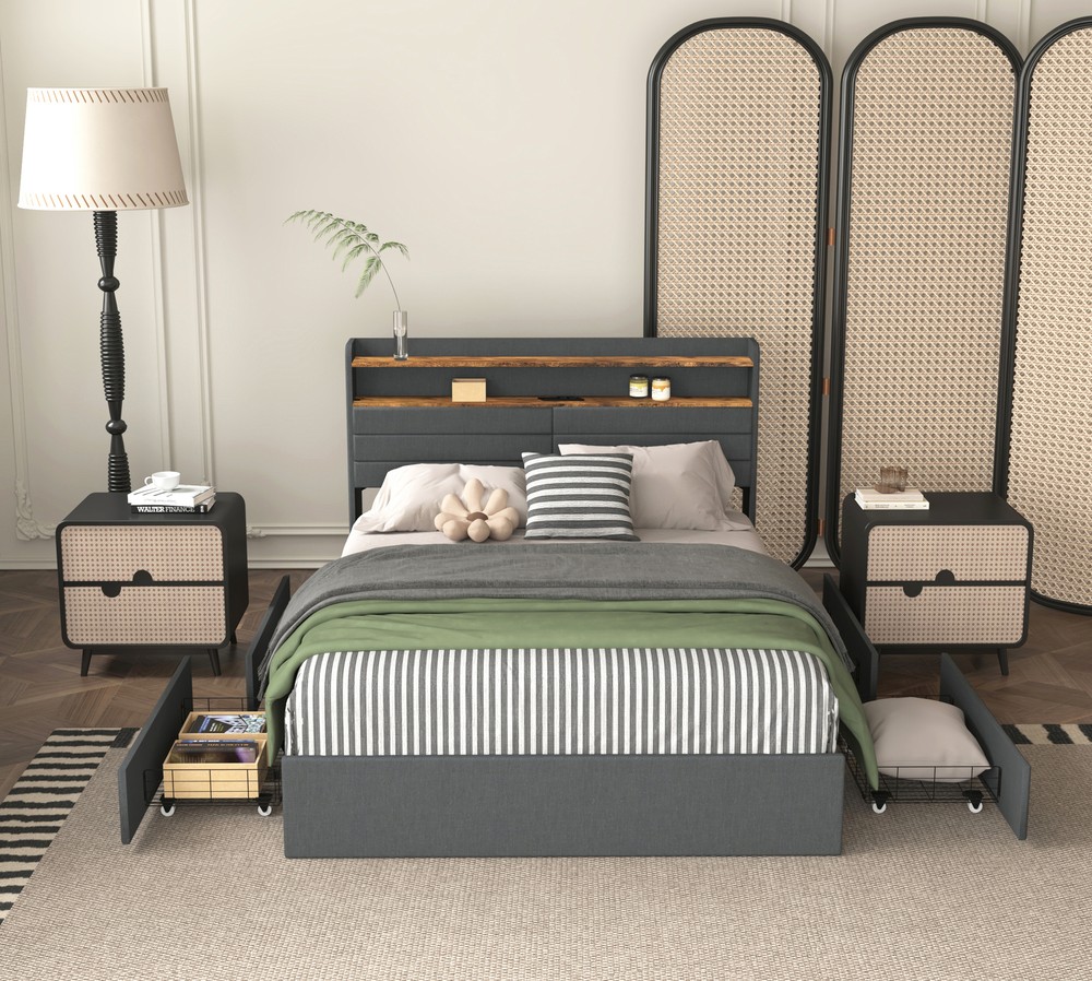 Upholstered Queen Bed Frame with 4 Storage Drawers, Platform Bed No Box Spring Needed