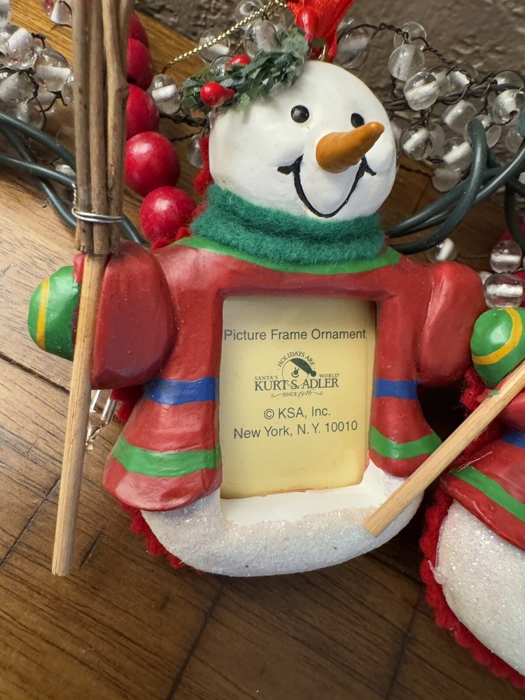 2 ~~ Kurt Adler Snowman Photo Frame Ornaments NOS Snowmen w Brooms Holly Glitter