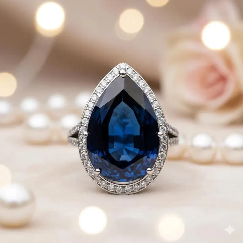 7.20Ct Pear Cut Natural Blue Sapphire & Solid 14K White Gold Anniversary Ring