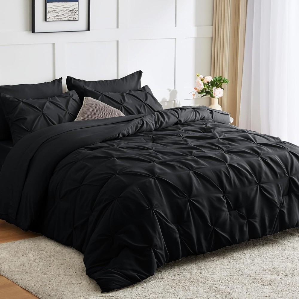 CozyLux Queen Comforter Set - 7 Pieces Bed in A Bag Queen Black Comforters Queen