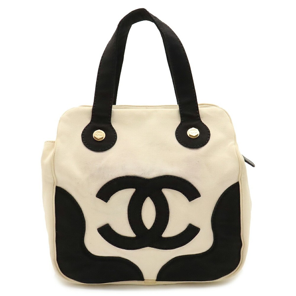 Chanel Marshmallow Tote in Ivory Canvas with Black Gold Accents Preowned Handbag