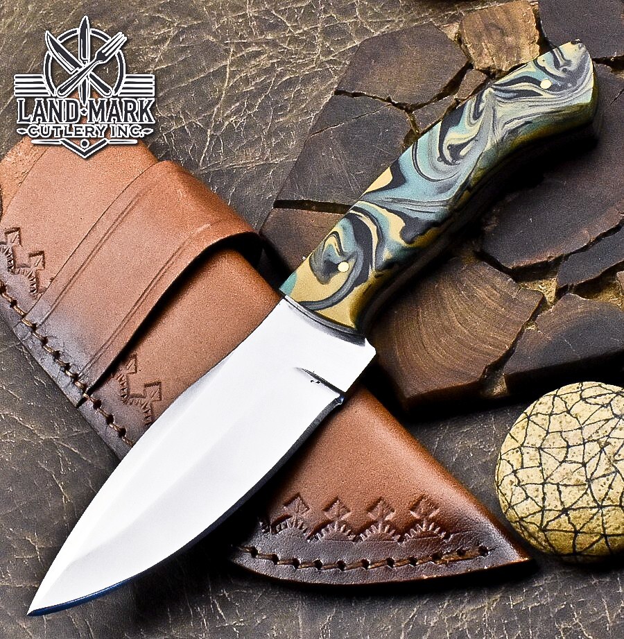 Custom D2 Steel Hunting Skinner Knife with Swirl Resin Handle