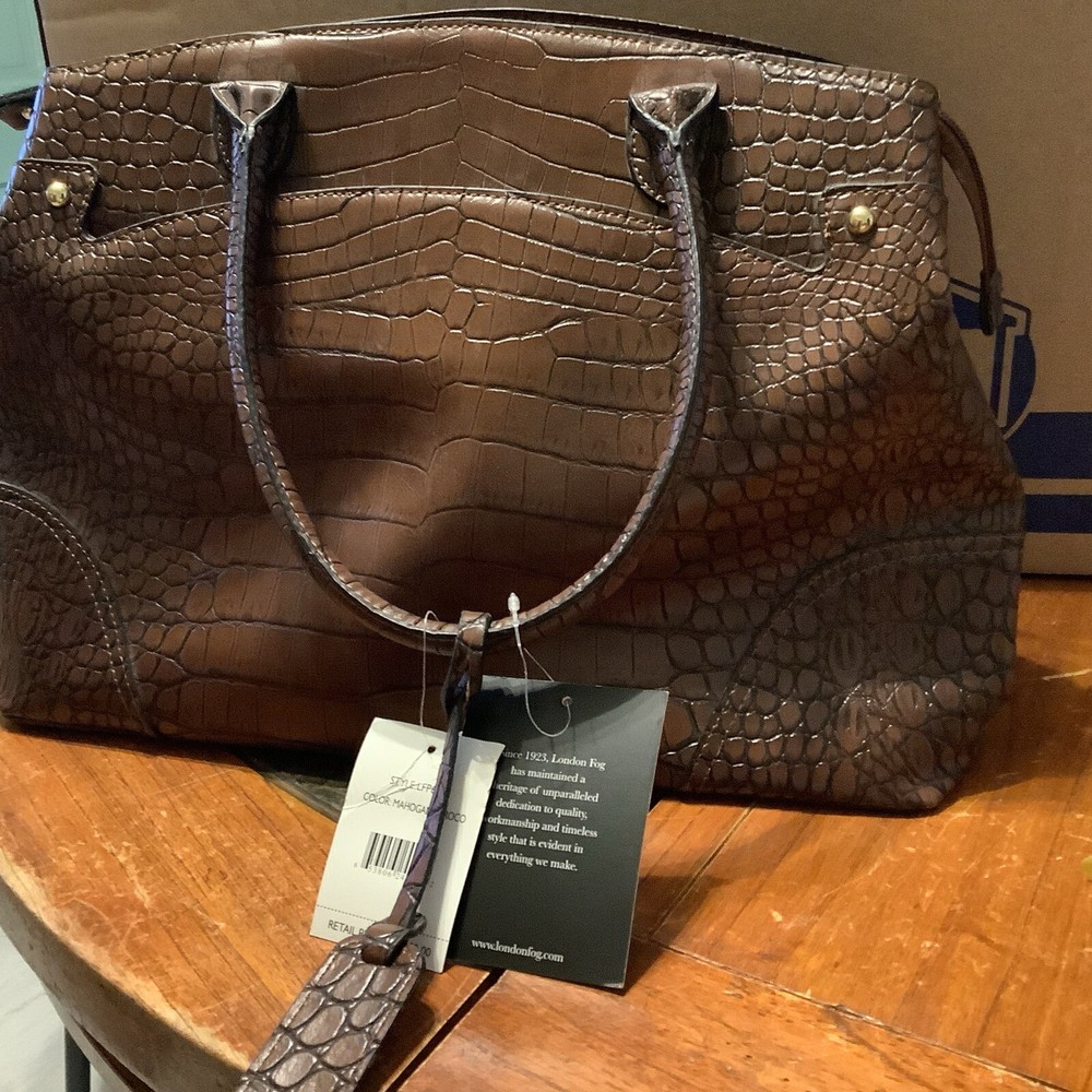 London Fog Mahogany Croco Large Brown Leather Tote Bag NWT