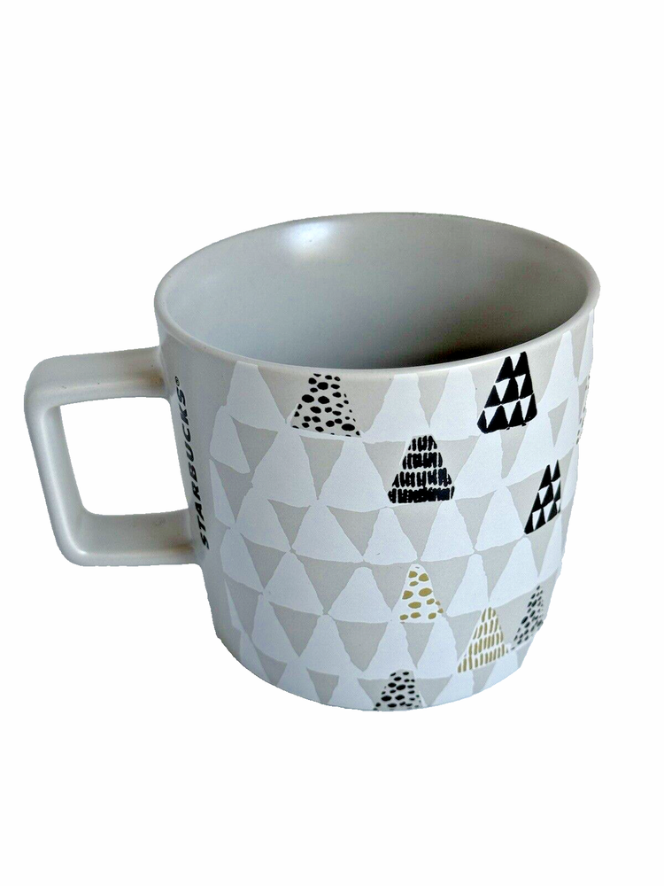 Starbucks Coffee Mug 2016 Geometric Triangles Gray Black Trees Ceramic 14 oz