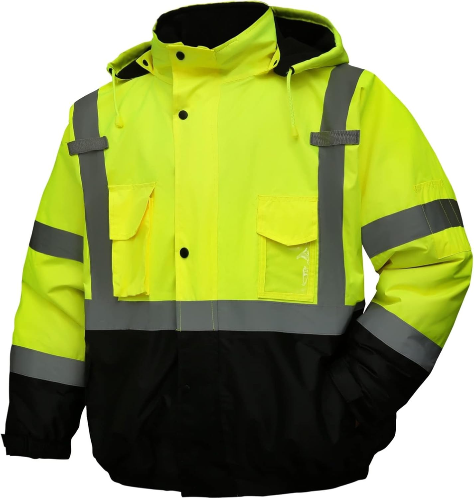 Safety Jacket for Men,Reflective High Visibility Hooded Jacket,Hi-Vis Bomber Jac