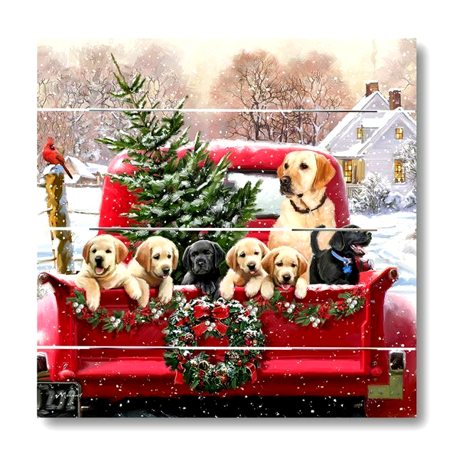Puppies Holiday Special Delivery wood Pallet Art Print