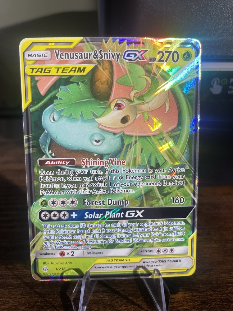 Venusaur & Snivy GX Tag Team Ultra Rare Holo Pokemon Cosmic Eclipse TGC 1/236 NM
