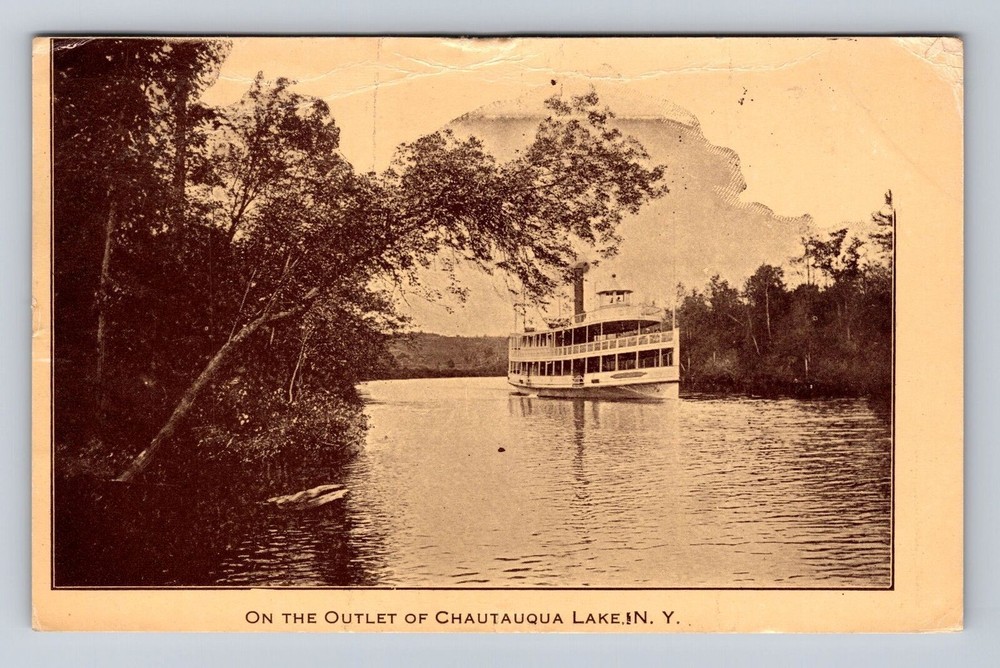 Chautauqua Lake NY-New York, Boat On The Outlet, Vintage c1912 Souvenir Postcard