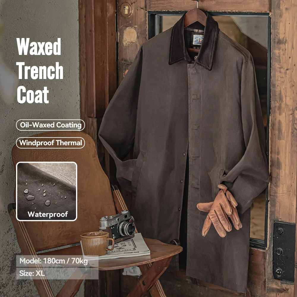 Men's Vintage Windbreaker Corduroy Turn-down Collar Mid-length OvercoatWindproof