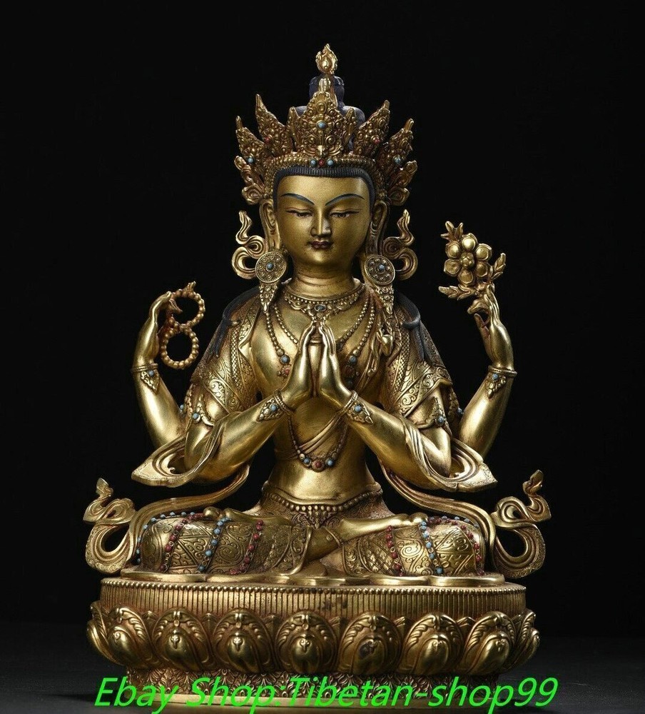 13''Old Tibet Bronze Gold 4 Arms Chenrezig Buddha Avalokiteshvara Buddha Statue
