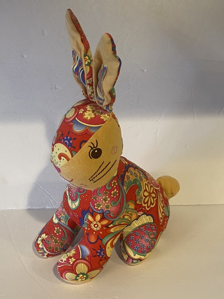Bunny Rabbit 13 Inch Plush Toy Stuffed Animal Colorful Floral red tan embroider
