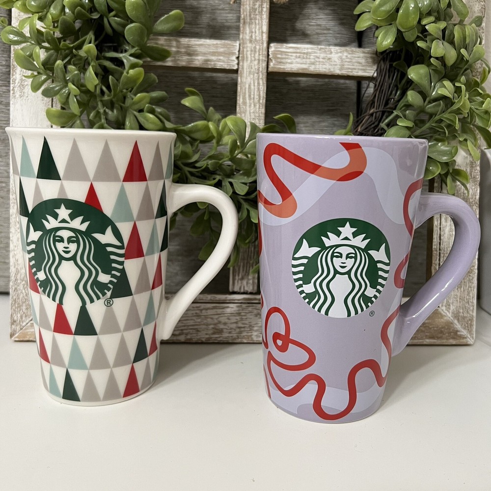 Starbucks 16 oz tall Holiday print ceramic coffee mugs set