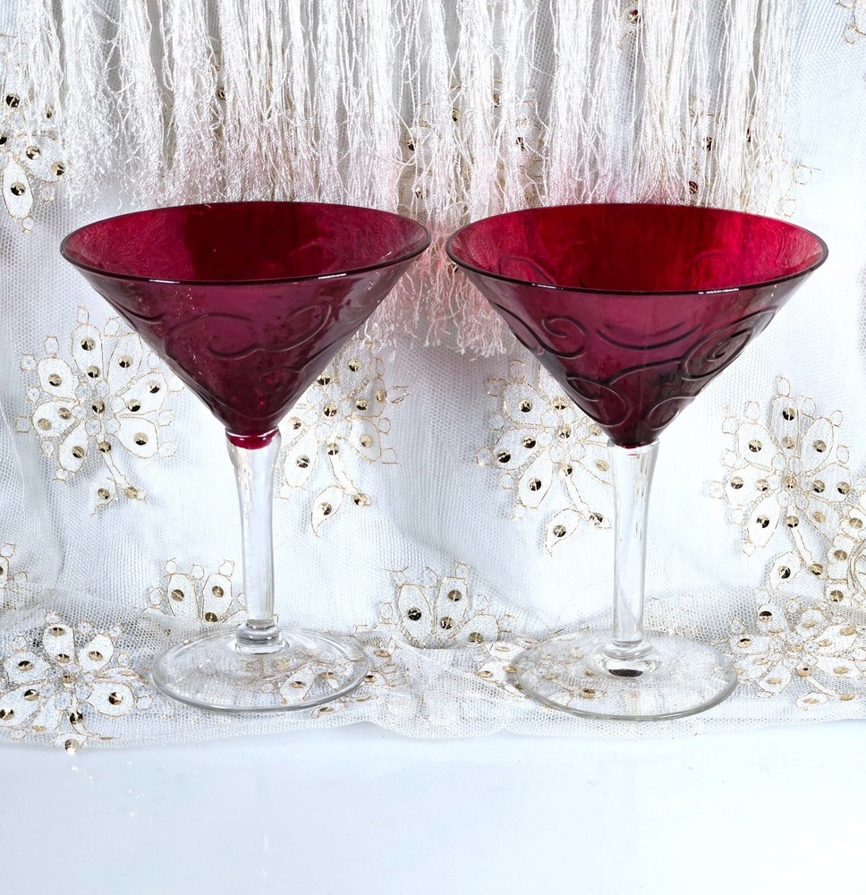 Vintage Red Martini Glasses with Scroll Design Clear Stem 6in