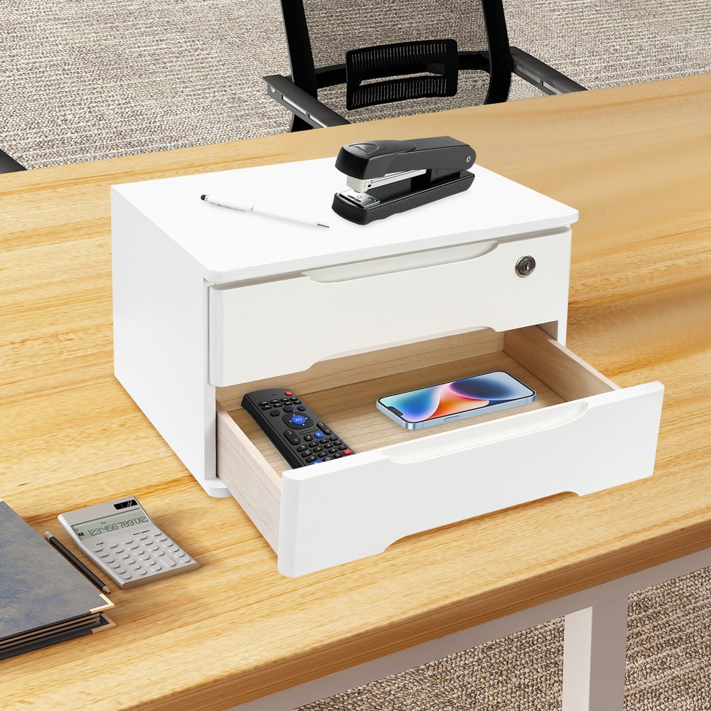 2-Tier Lockable Wooden Desktop Storage Box & Desk Organizer