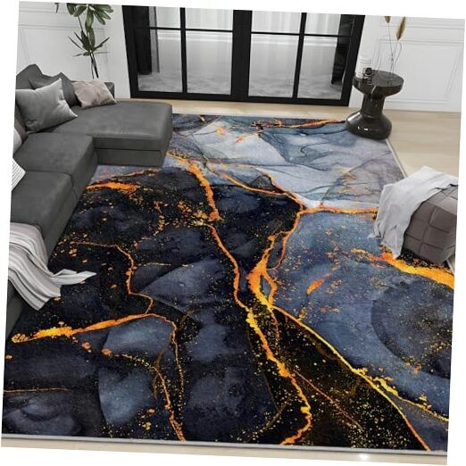 Black Gold Marble Abstract Area Rug Modern Washable Grey Floor Mat