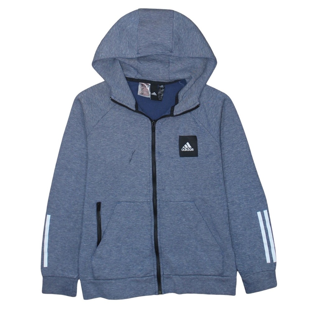 Adidas Womens Hoodie Blue Marl Full Zip Three Stripe Sleeve Logo Sportswear L