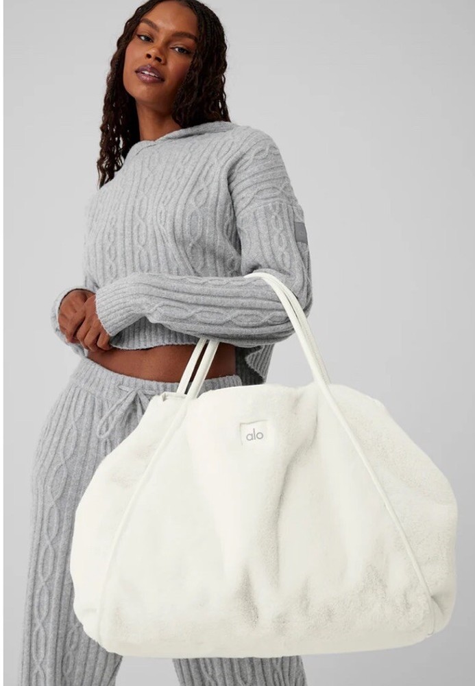 Alo Womens White Faux Fur Inner Pockets Double Handles Classic Travel Tote Bag