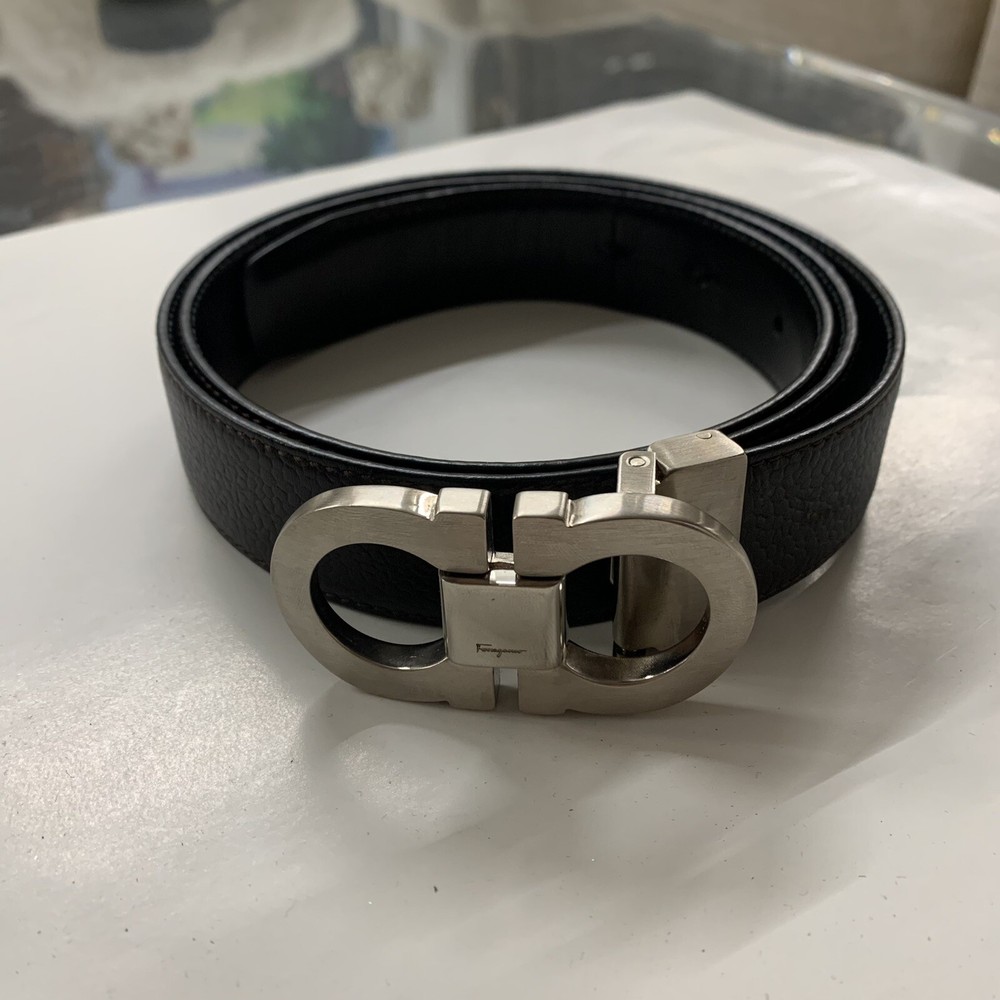 Salvatore Ferragamo Black Leather Belt with Silver Buckle Size 36