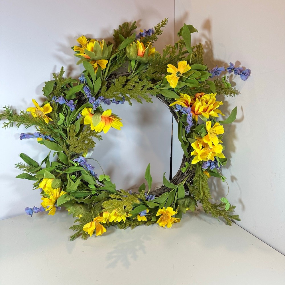 Handmade Yellow Purple Floral Spring Wreath 16 Inch Easter Door Decor