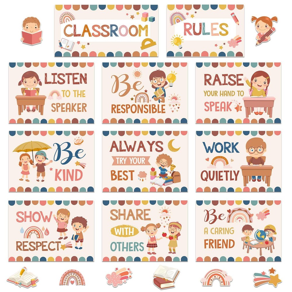 Harloon 43 Pcs Classroom Rules Posters Boho Class Rules Bulletin Board Motiva...