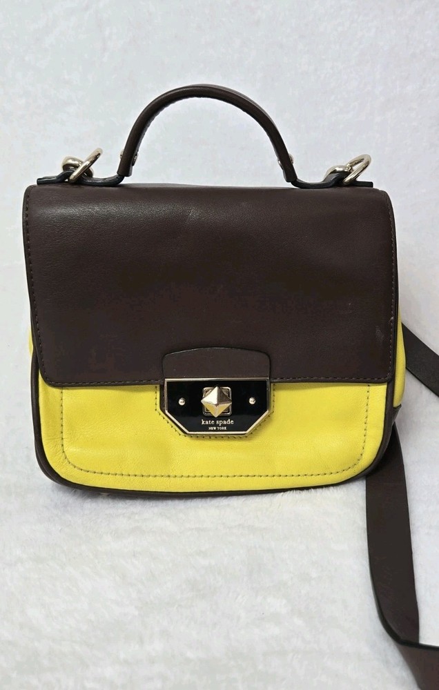 Kate Spade New York Yellow Brown Leather Top Handle Crossbody Bag Purse