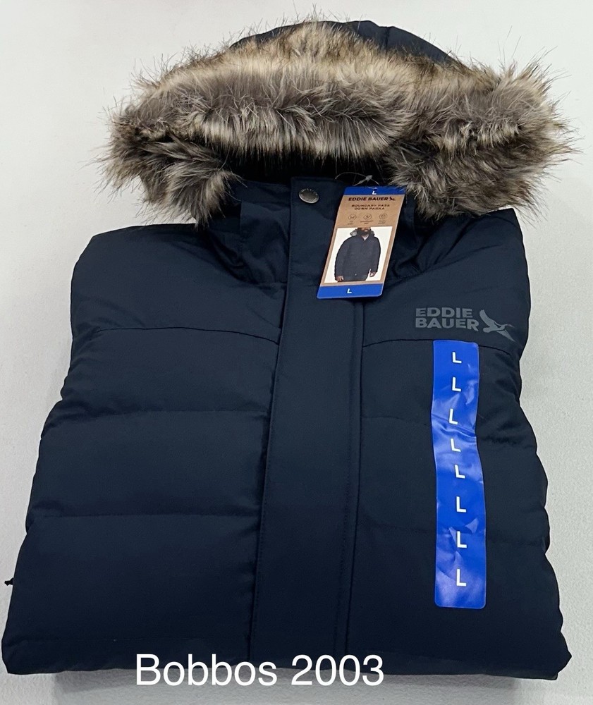 Eddie Bauer Men's Boundary Pass Down Parka Faux-Fur Jacket, Blue, Size L