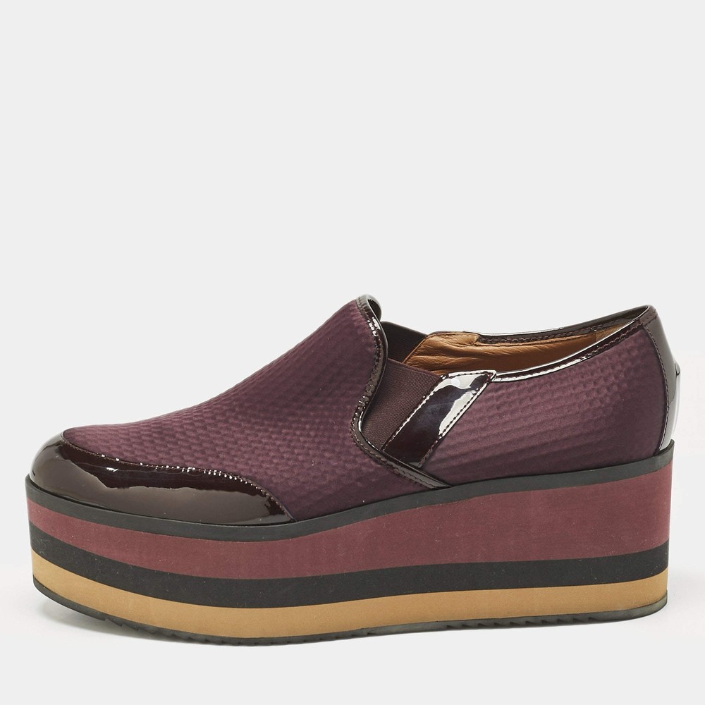 Fendi Burgundy Patent Leather and Canvas Platform Slip On Sneakers Size 39