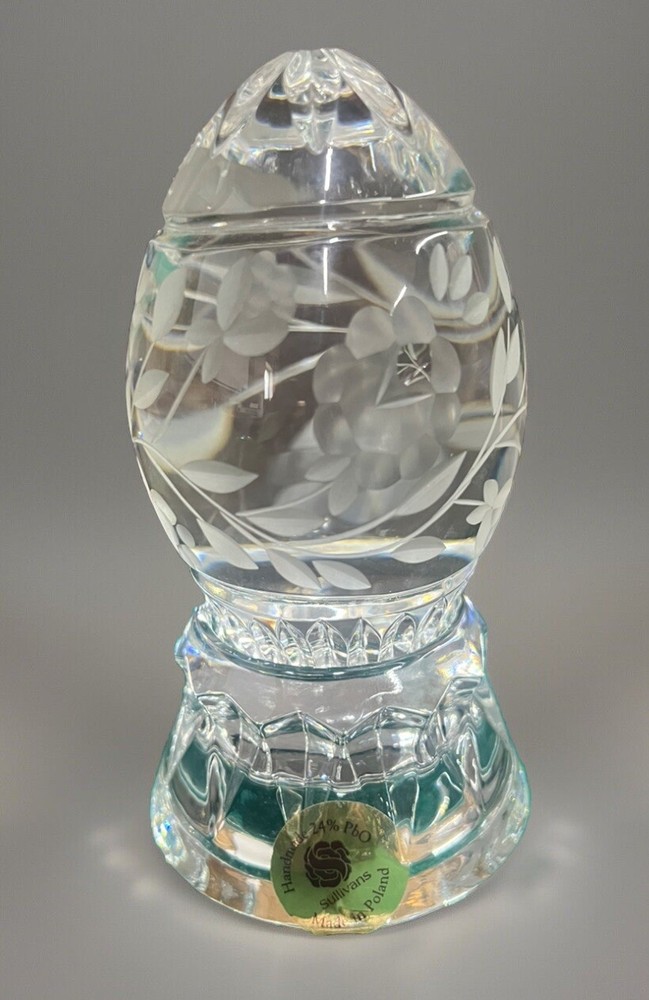 Vtg Sullivans Hand Cut Etched Crystal Egg Paperweight 24% Lead With Stand Poland