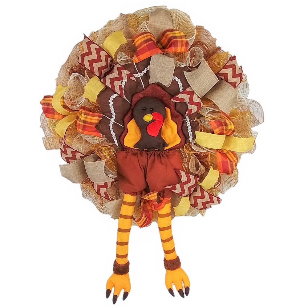 Thanksgiving Fall Deco Mesh Wreath with Turkey Legs for Front Door
