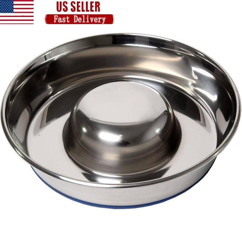 Stainless Steel Slow Feed Dog Bowl Skid-Proof Design Durable Dishwasher Safe New
