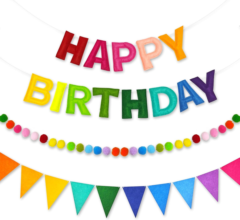 Pre-Strung 3D Happy Birthday Banner, 3 PCS Rainbow Happy Felt Garland, Pom Pom G