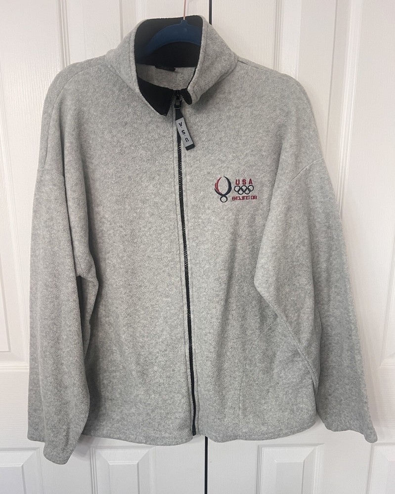 Olympic Beijing Jacket Womens LARGE Fleece Gray Long Sleeve Pockets Zip Soft